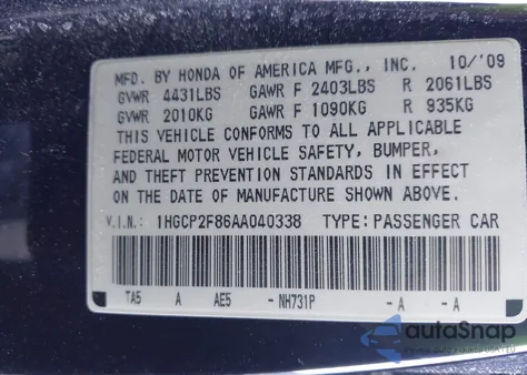 2010 Honda Accord 2.4 Ex-L from USA, damaged, VIN 1HGCP2F86AA040338